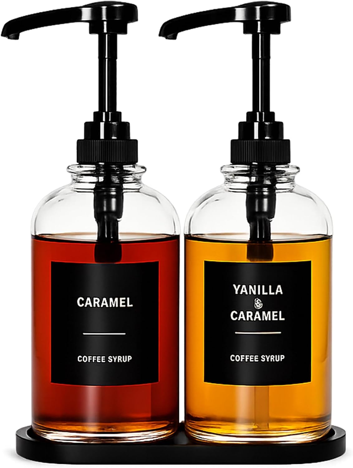 Coffee Bar Syrup Station, Glass Dispenser Bottles with Pump and Tray 16 oz