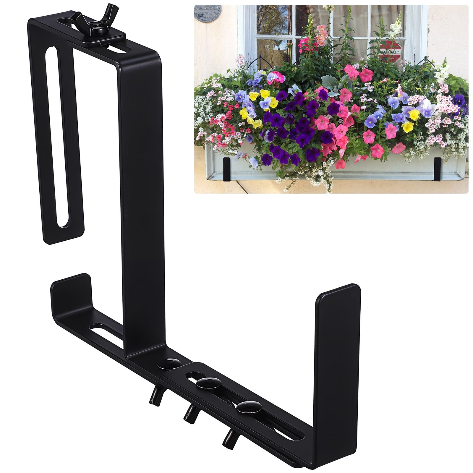 Baluue Blumenkastenhalterungen für Fenster, verstellbare Blumenkastenhalterungen für Geländer, robuster schwarzer Stahl, für den Außenbereich, hängender Pflanzkasten für Zaun, Pergola, Terrasse,