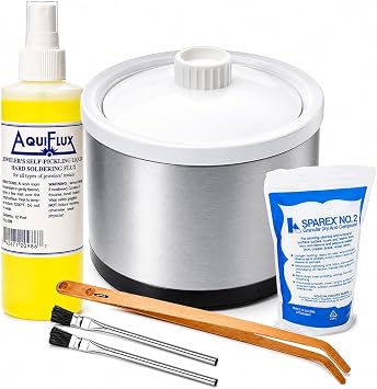 Complete Jewelry Pickling Kit with Aquiflux Flux, 16 oz Heated Pickle Pot, Sparex Compound, Copper Tongs & Tweezers for Gold Silver Platinum Jewelry Soldering