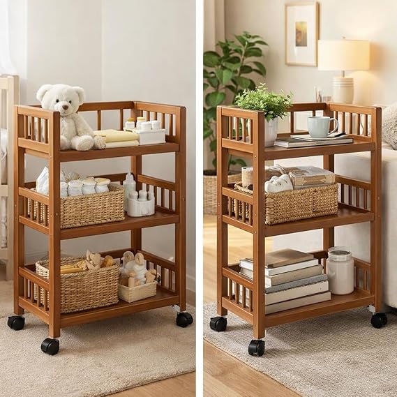 3-Tier Bamboo Rolling Storage Cart with Wheels, Mobile Kitchen & Coffee Bar Cart, Utility Trolley Organizer for Kitchen, Living Room, Bathroom & Bedroom (50 x 30 x 82 cm)