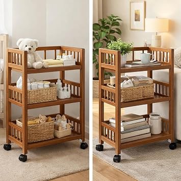 3-Tier Bamboo Rolling Storage Cart with Wheels, Mobile Kitchen & Coffee Bar Cart, Utility Trolley Organizer for Kitchen, Living Room, Bathroom & Bedroom (50 x 30 x 82 cm)