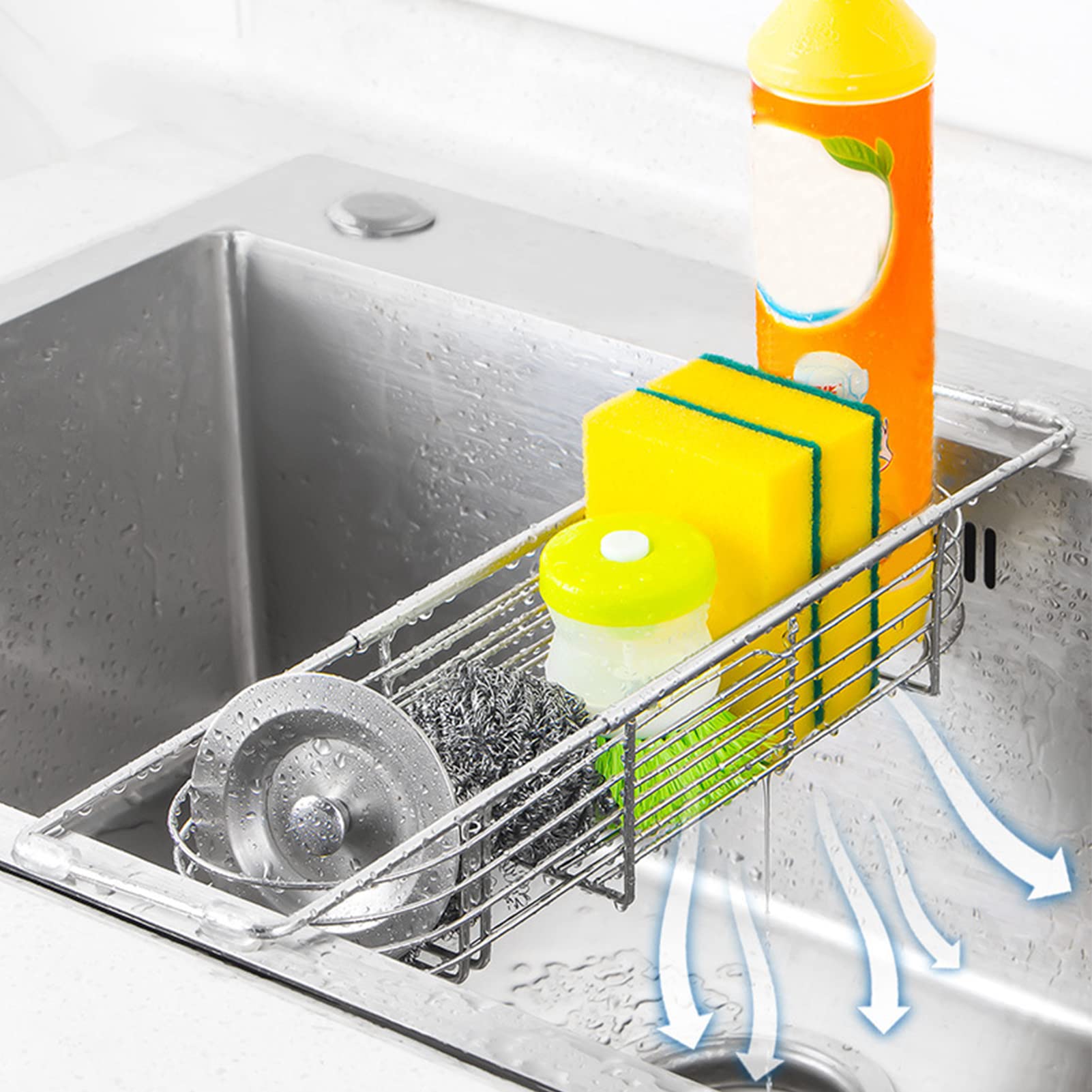 Organizer telescopico per lavello da cucina in acciaio inox, con porta utensili per la pulizia e spugna di sapone, gancio per strofinacci per bagno e cucina