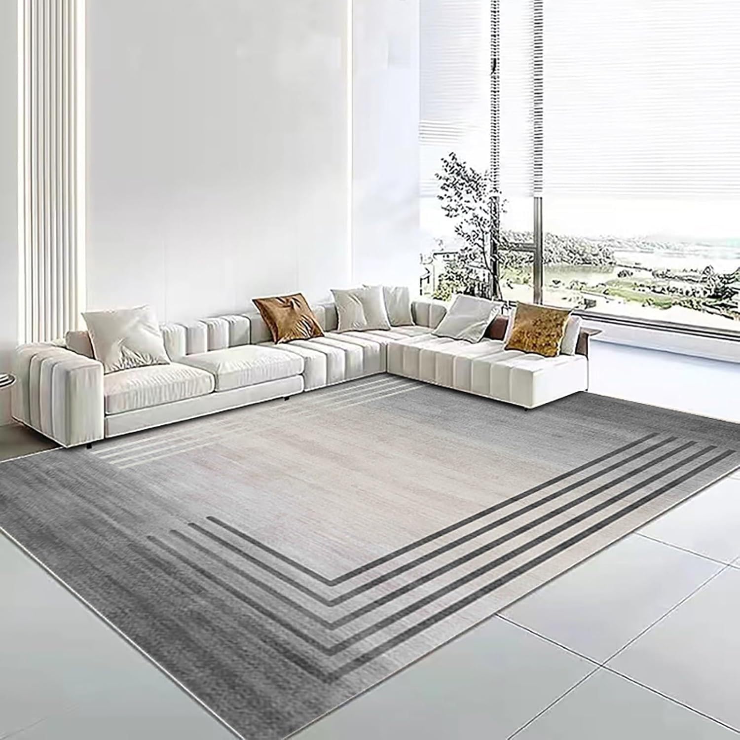 Tapis salon grand 200x200cm lavable blanc au motif géométrique moderne