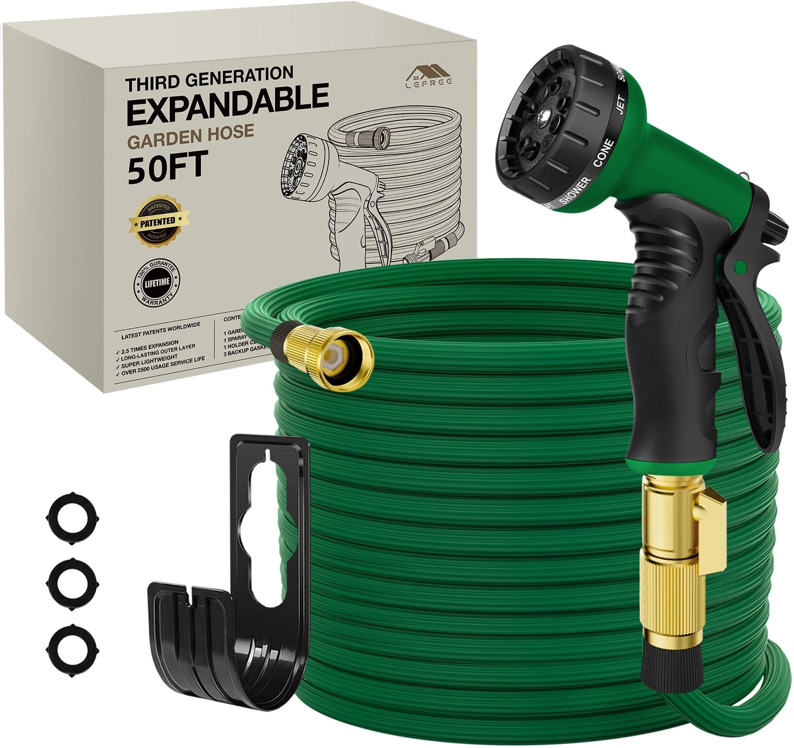 Lefree Garden Hose 50ft, Expandable Garden Hose Leak-Proof with 40 Layers of Innovative Nano Rubber, 2024 Version/New Patented, Lightweight, No-Kink Flexible Water Hose (Green)