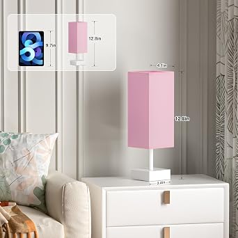 aooshine White Small Bedside Lamp for Bedroom - Square Pink Fabric Shade