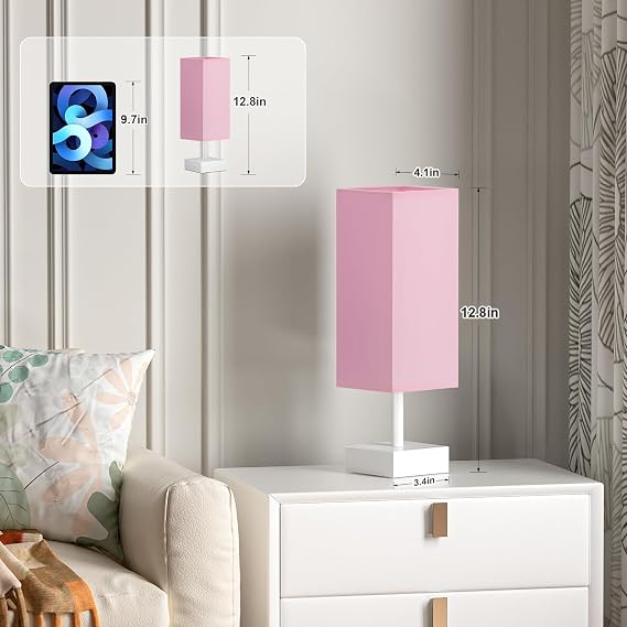 aooshine White Small Bedside Lamp for Bedroom - Square Pink Fabric Shade