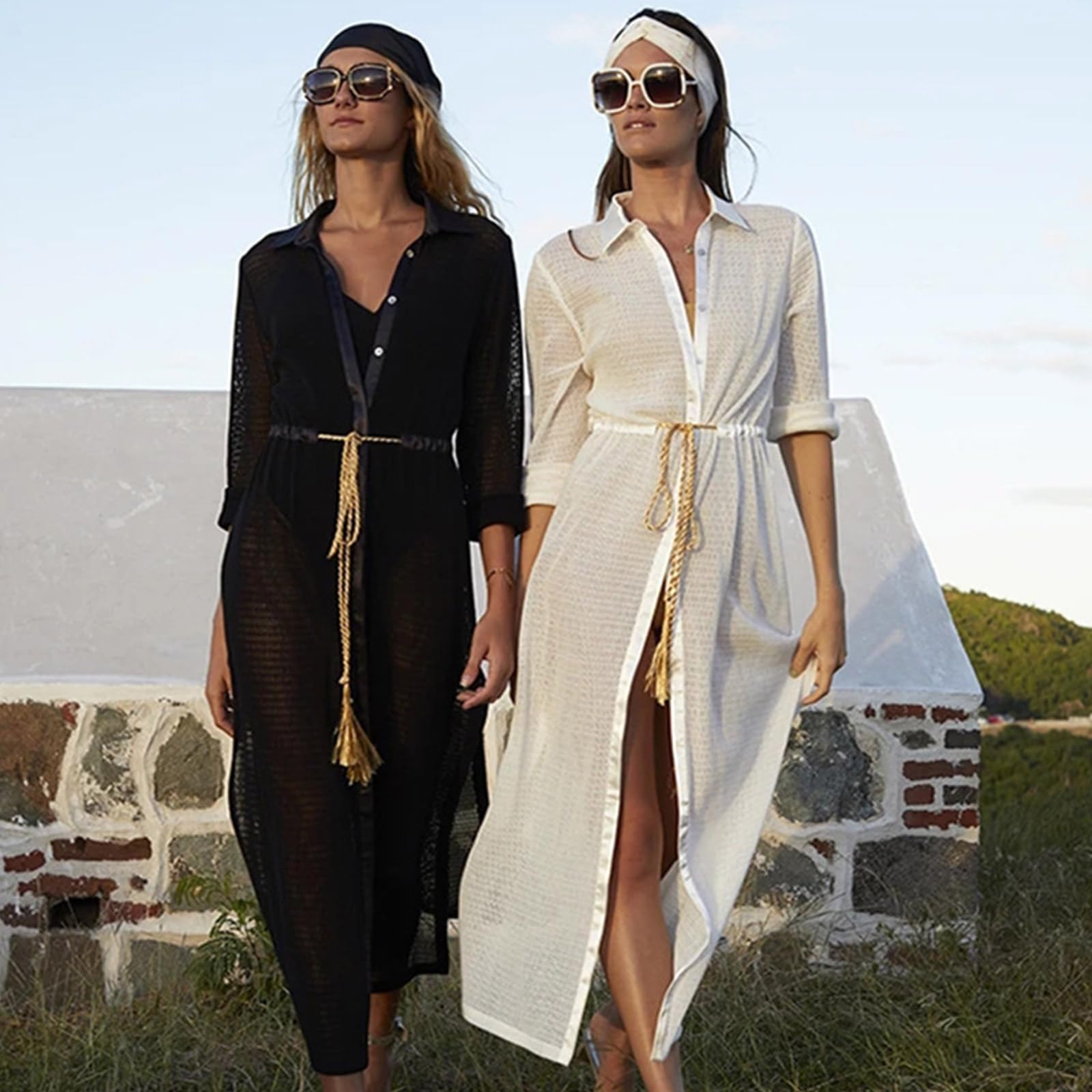 Greabuy Kimono da donna casual a maniche corte con spacco laterale e bottoni, cardigan lungo con cintura, abbigliamento da spiaggia