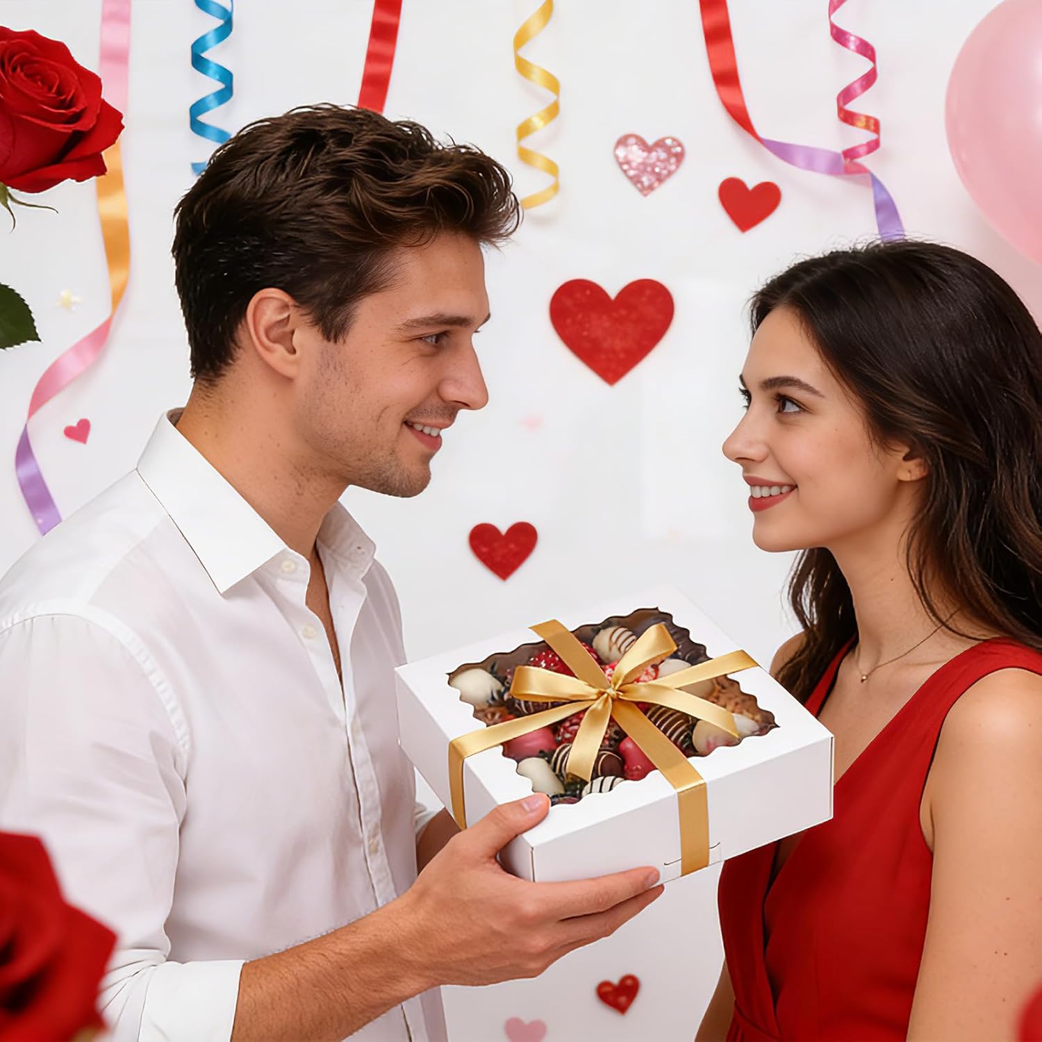 COTOPHER Auto Pop Up Cookie Box with Window 8x8x2.5 Inches – 50 Pack White Bakery Boxes with Gold Ribbon for Birthday Party Favors, Wedding, Christmas Gift Packaging for Cookies, Candy, Macarons