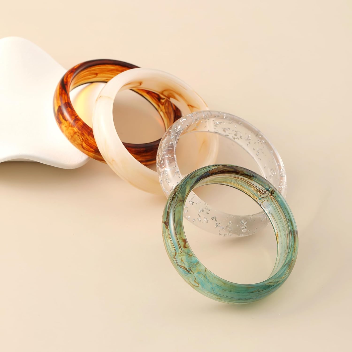 Viva Joya Round Resin Acrylic Bangle Bracelet for Women, Statement Chunky Wide or Slim Plastic Geometric Jewelry, Marble White Brown Teal - Image 4