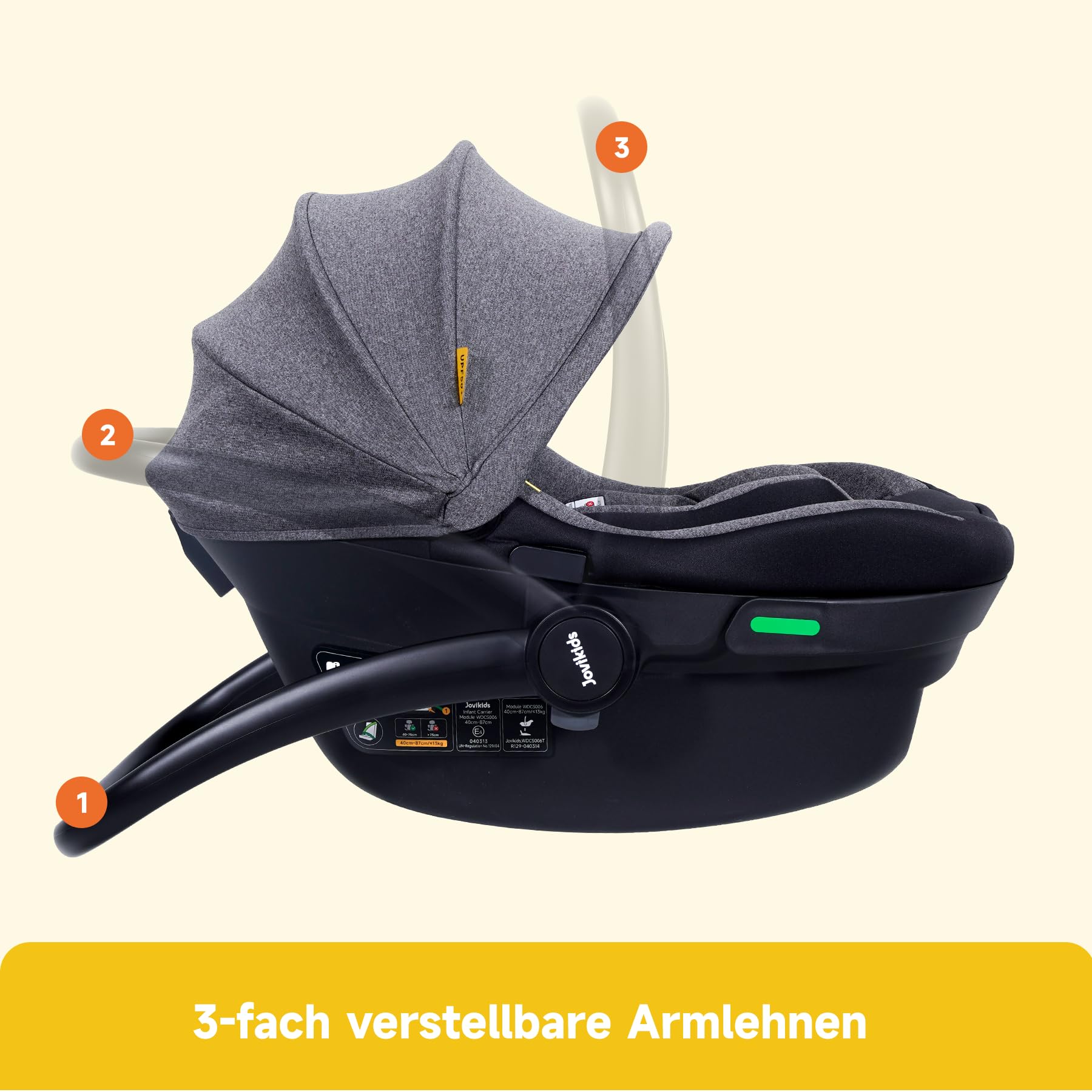 Jovikids Babyschale, Stufenlos verstellbare Liegeposition, Gruppe 0/0+ (40-87 cm) Baby Autositz mit Sonnendach, 3-Punkt-Sicherheitsgurt Seitenschutz (Babyschale Only)