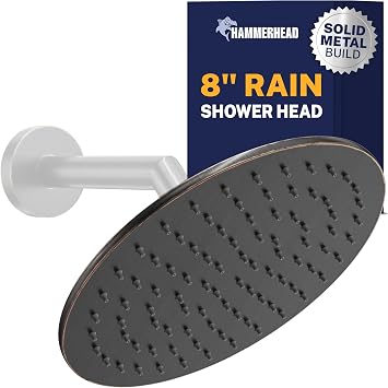 HammerHead Showers ALL METAL 8" Rainfall Shower Head - Oil Rubbed Bronze - Shower Head Rainfall - 2.5 GPM High Flow Shower Head Optimized Pressure - Large Round Rain Shower Head