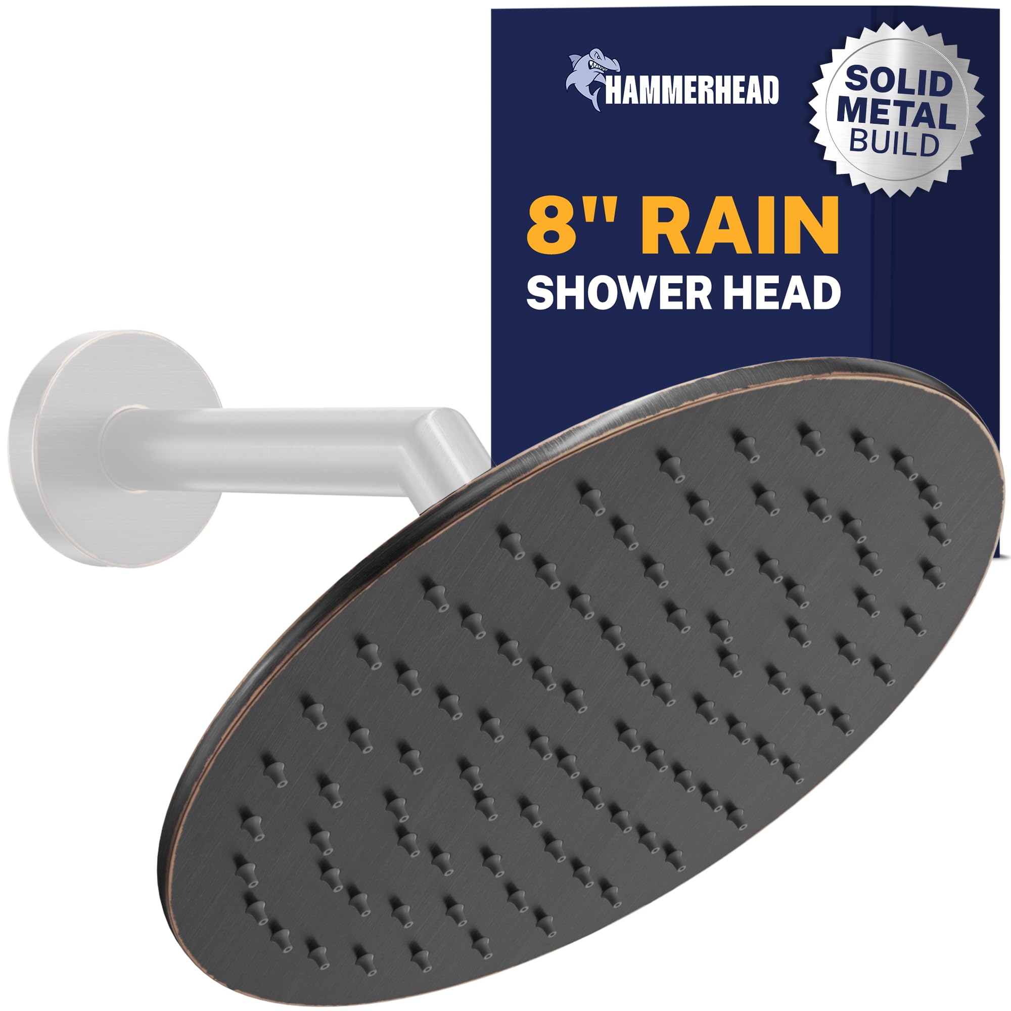 All Metal 8 Inch Rainfall Shower Head – Oil Rubbed Bronze - Shower Head Rainfall - 2.5 GPM High Flow Shower Head Optimized for Pressure – Large Round Rain Shower Heads - Wall, Overhead, Ceiling Mount