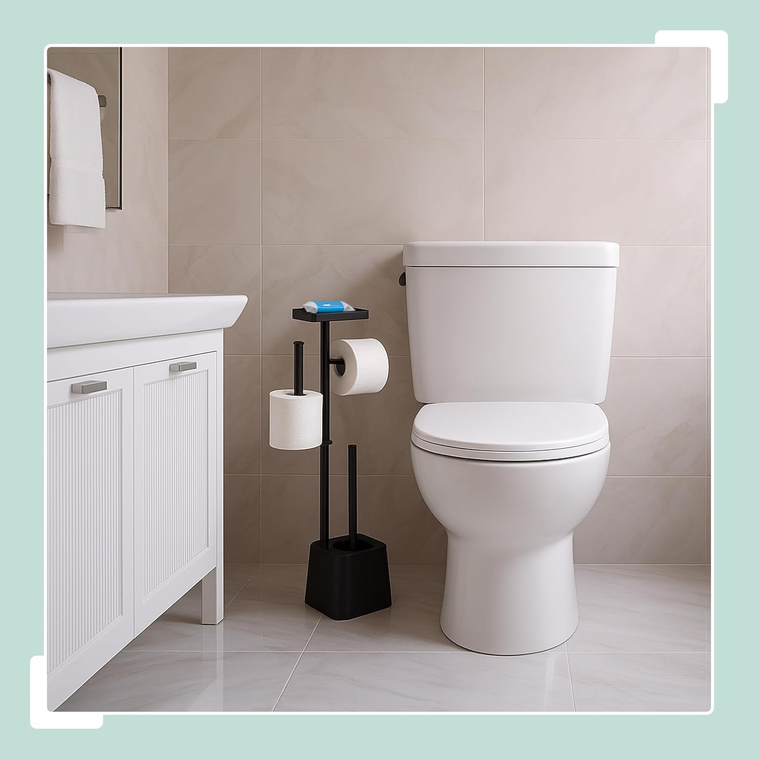 Relaxdays Toilet Set Height 65.5 x 29 x 11.5 cm Standing Toilet Paper Holder Toilet Brush Replacement Roll Holder Shelf Black
