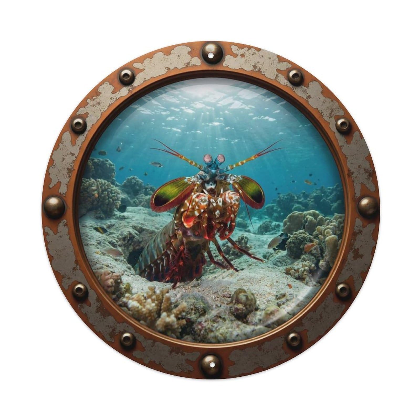 Gead 8X8inch Style Vintage Porthole Mantis Shrimp Nautical Window View Metal Tin Sign