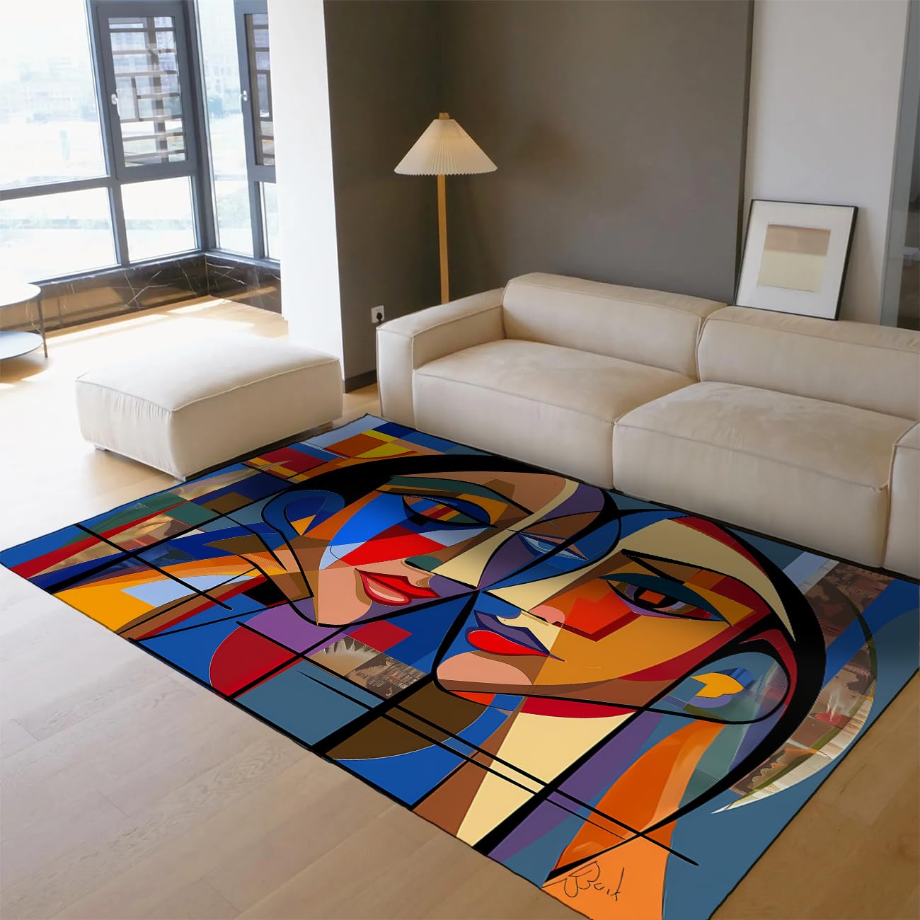 Tapis 100x150cm abstrait face art lavable coloré pour salon