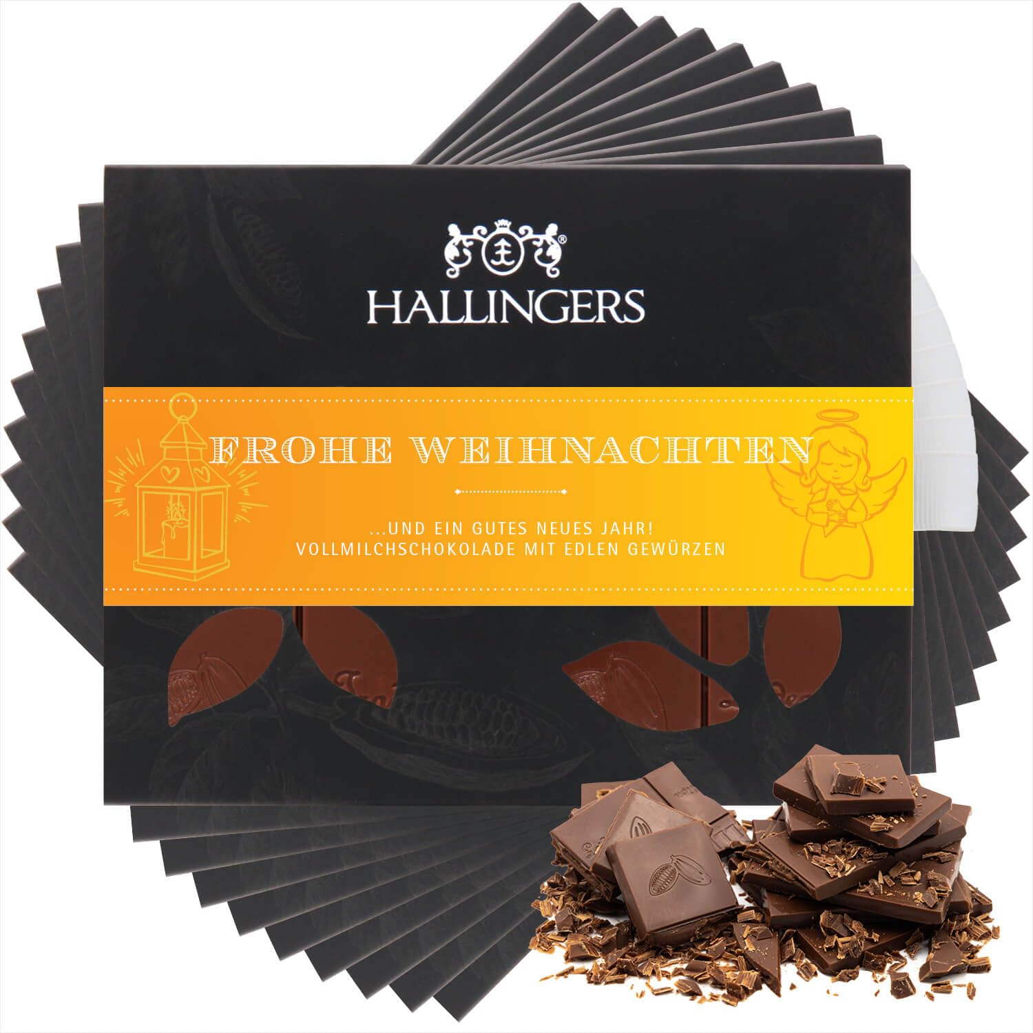 Hallingers Genuss Manufaktur Schokolade Weihnachts-Geschenk - Tafel Edelkakao handgeschöpft ohne Alkohol edler Karton 10x "Frohe Weihnachten" Xmas-Gewürze, Weihnachten für Frauen Männer