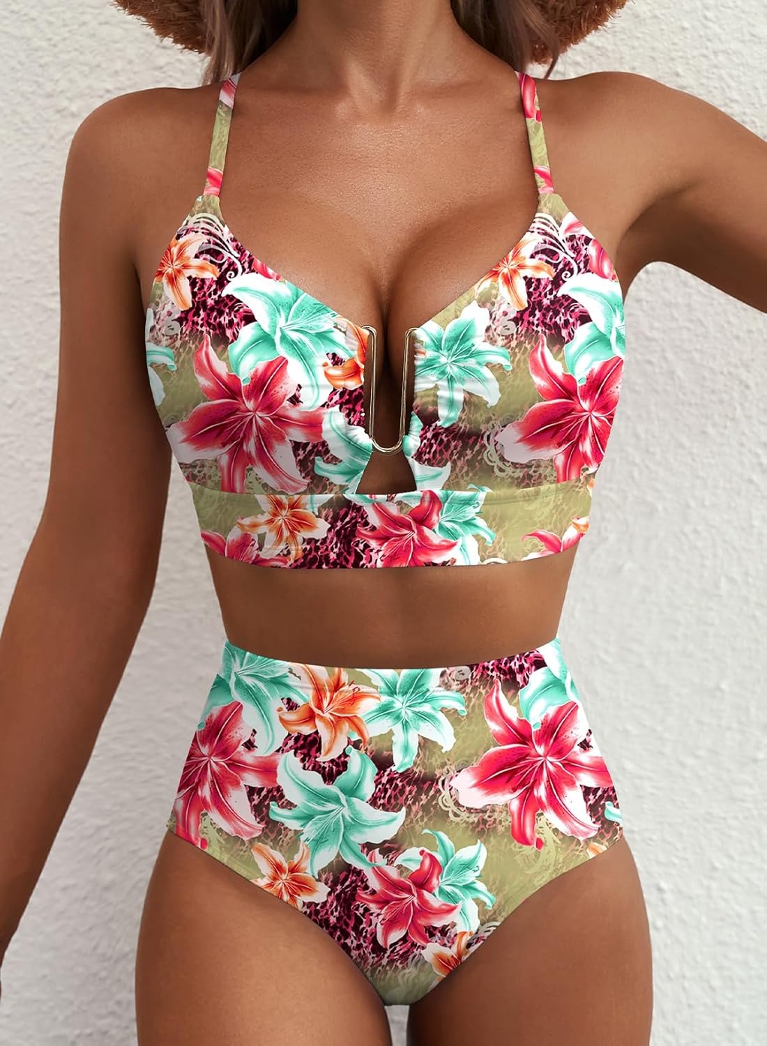 Herseas Womens 2 Piece High Waisted U Wire Bikini Set Floral Print Swimsuit Crisscross Back Bathing Suit Beach Swimwear - Image 4