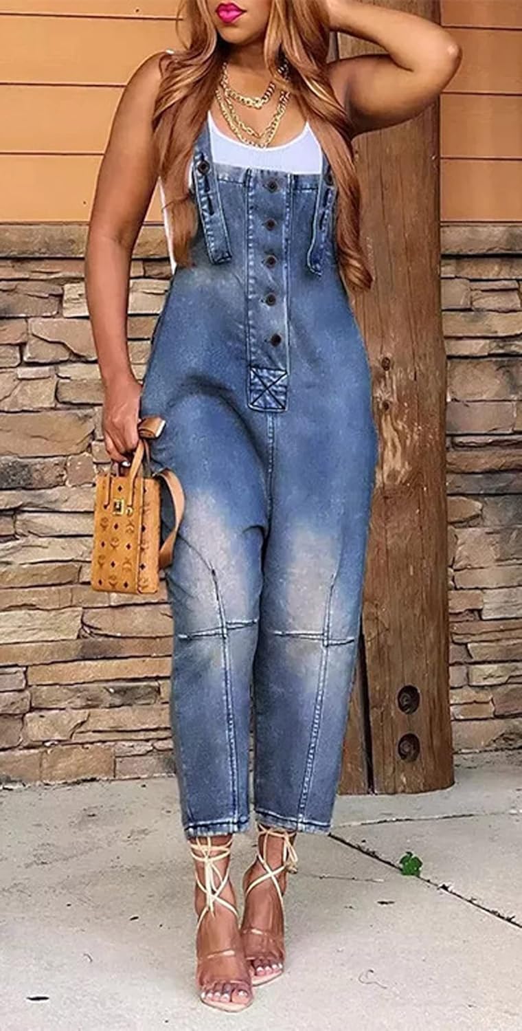CHARTOU Women's Casual Loose Fit Jean Jumpsuit Overalls Crop Harem Denim Pants - Image 2