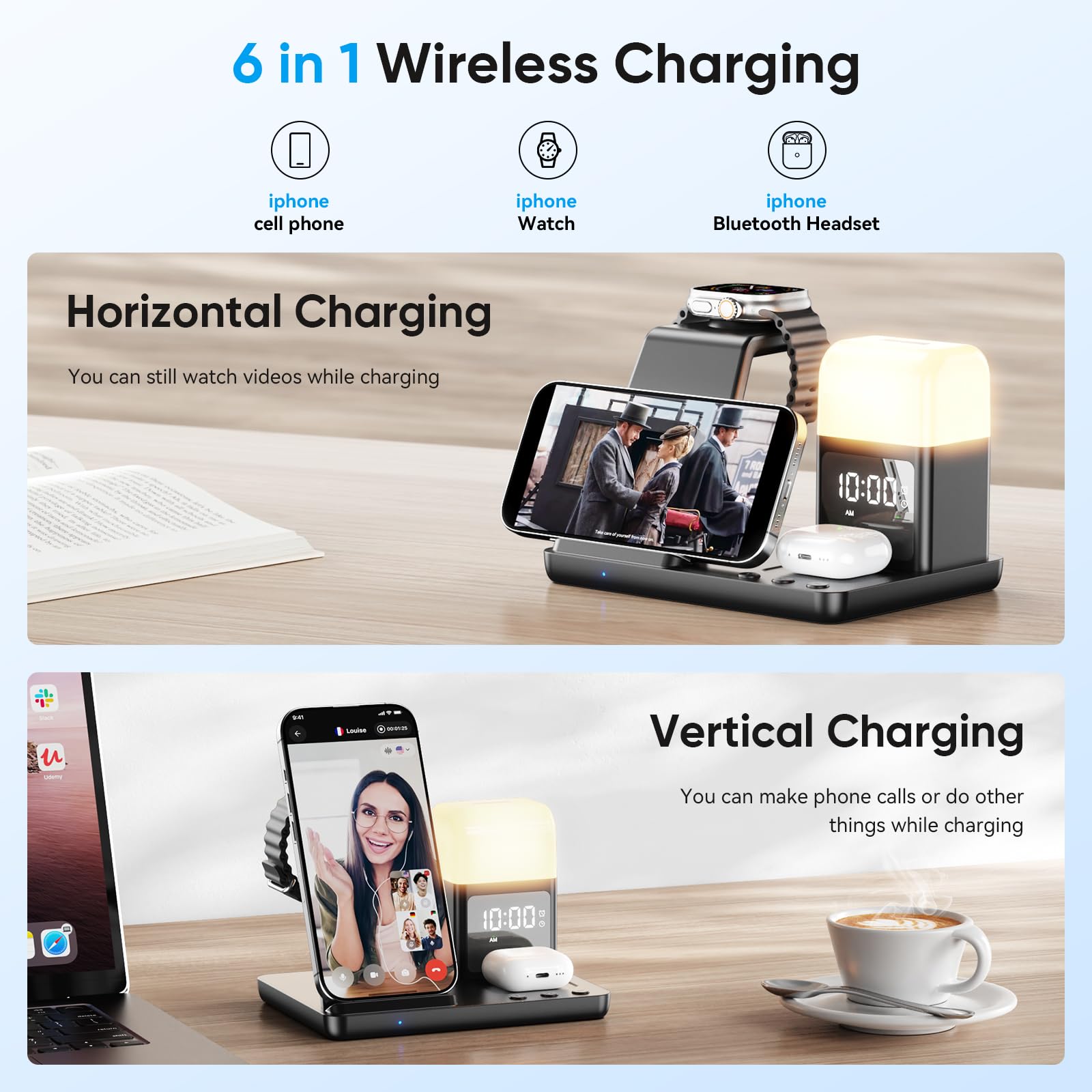 Station de Charge pour Apple, Chargeur Induction 6 en 1 avec Lampe de Nuit et réveil pour iPhone 17/16/15/14/13/12/11,Chargeur sans Fil Convient pour Apple Watch Series & AirPods Adaptateur Inclus
