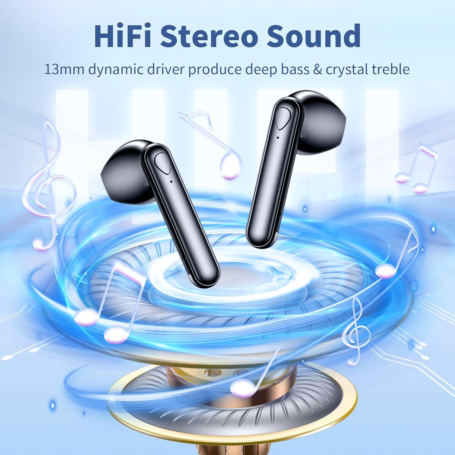 Earbuds with sound waves illustrating HiFi Stereo Sound