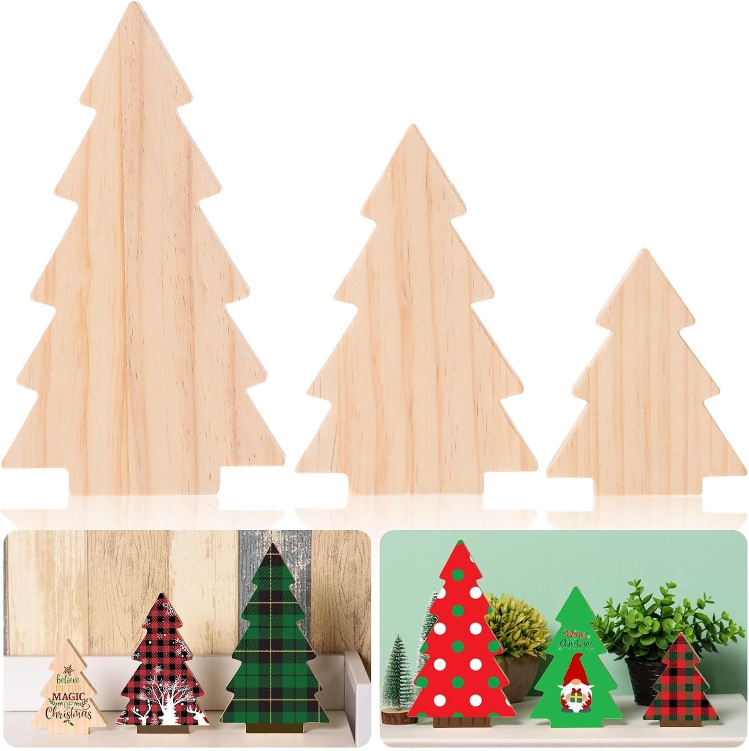 AWIZOM 3 Pcs Christmas Tree Wooden Cutouts Unfinished Wood Christmas Tree Table Signs Blank Wooden Trees Blocks for Painting DIY Crafts Xmas Holiday Home Shelf Tiered Tray Decorations,3 Sizes