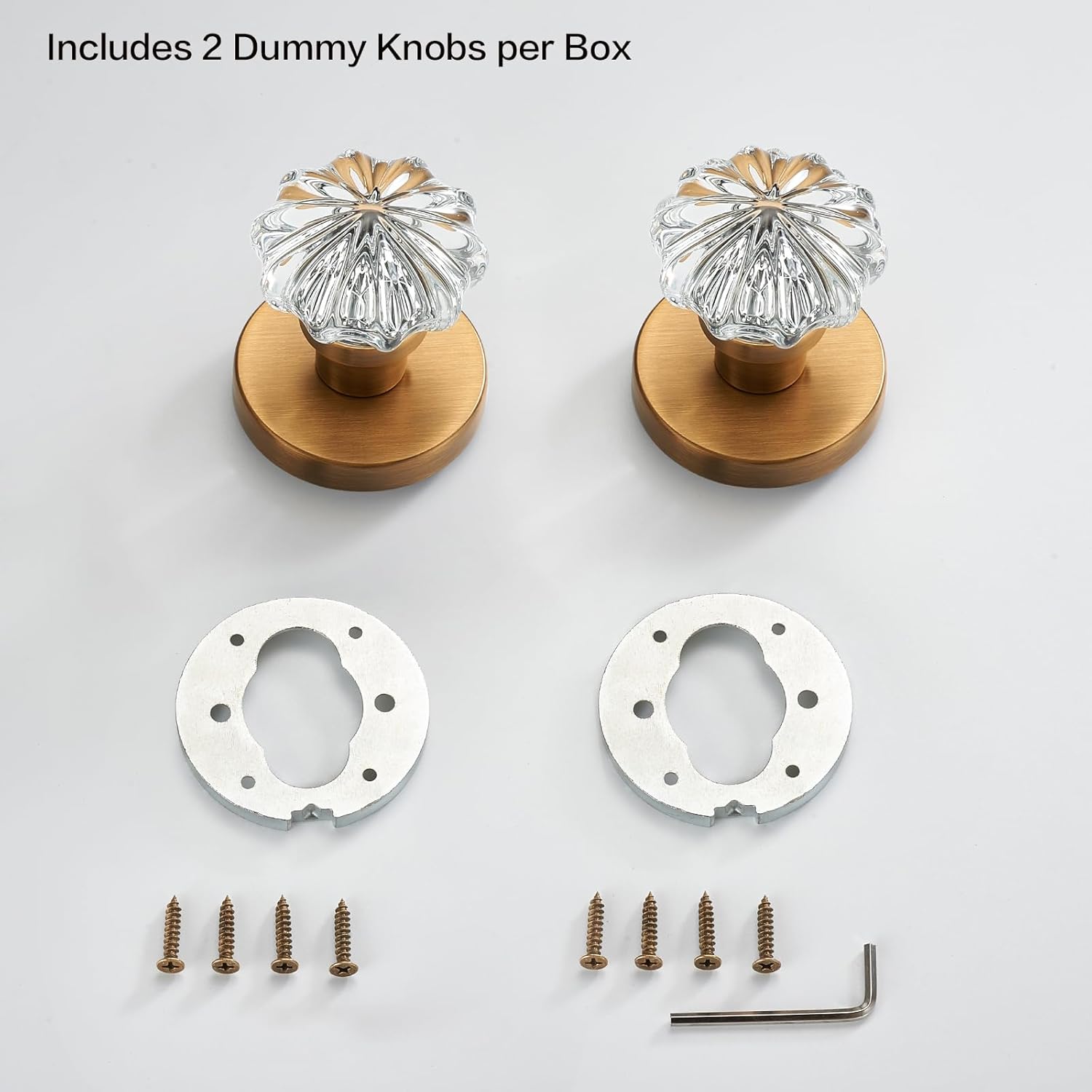 Rotating Dummy Door Knob Set – 2 Pack Clear Crystal Glass Knobs with Antique Amber Brass Rosette, Flower Design Decorative Non-Latching Handle for Closet, French Door, Cabinet