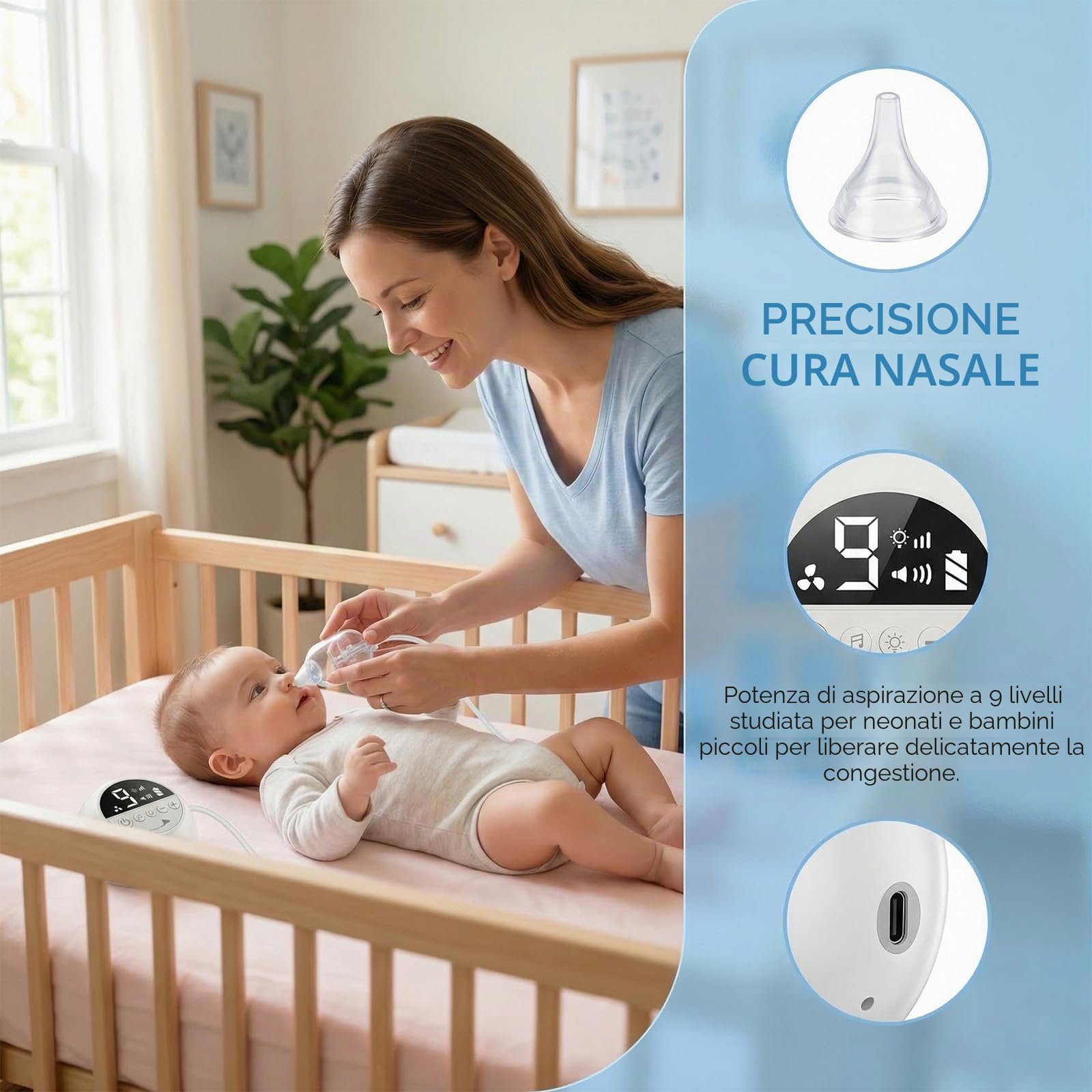 Aspiratore nasale elettrico per bambini, 65 kPa, forte aspirazione e 9 livelli, silenzioso | Con musica e luce, ricaricabile, 3 misure di ugelli in silicone alimentare, per neonati e bambini