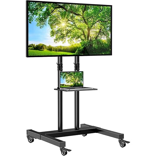 PERLESMITH Rolling TV Stand on Wheels for 32-83 Inch Screens up to 110lbs, Mobile TV Cart Height Adjustable Portable Outdoor TV Stand Tilt Rolling TV Cart with Shelf Max VESA 600x400mm PSTVMC03