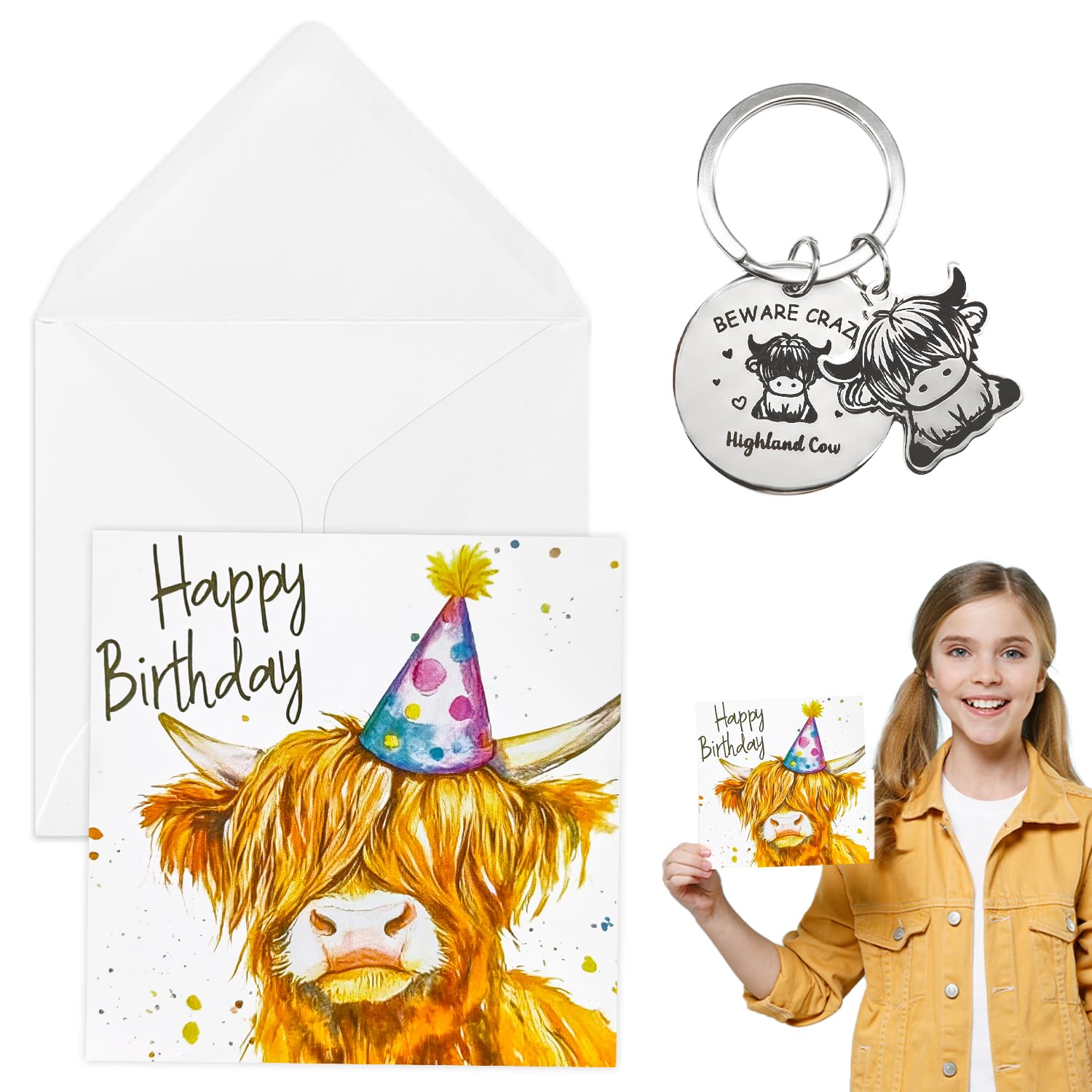 Highland Cow Card, Funny Birthday Card With Keychain Highland Cow Birthday Card with Envelope Cow Gifts for Women Mum Wife Daughter Sister Father Son Brother Friend (Set E)