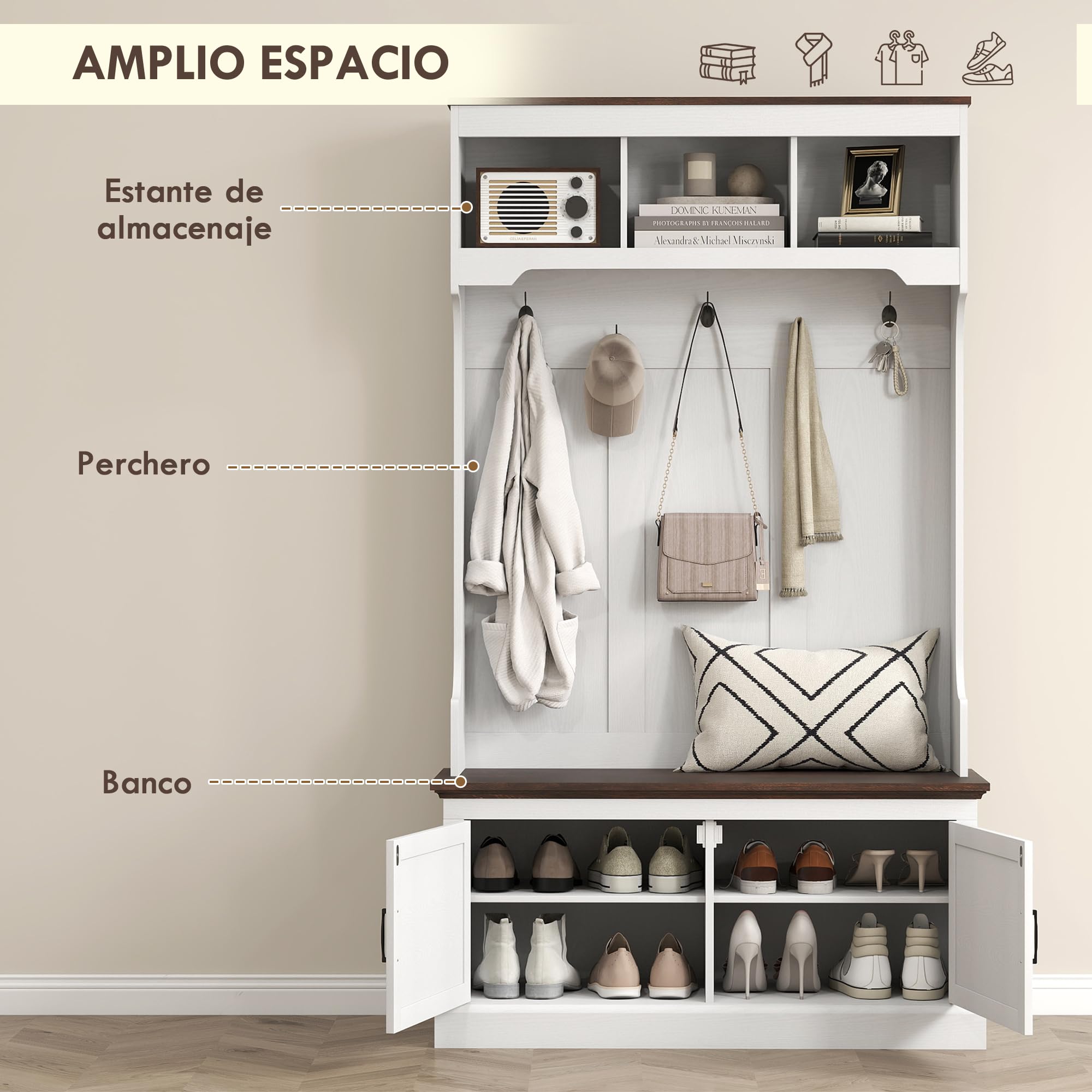 HOMCOM Perchero Zapatero Banco Zapatero 2 Puertas 105x40x180 cm Blanco | Perchero para Entrada Recibidor, 5 Ganchos, 3 Estantes Superiores, Estilo Rústico, para Salón Dormitorio Pasillo