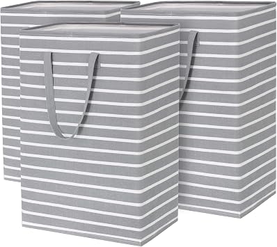 Goodpick Laundry Hamper Large 3-Pack Collapsible Laundry Baskets Tall Dirty Clothes Hampers for Laundry Toy Storage Towel Blanket Baskets for Organizing in Bathroom, Bedroom, Dorm, 75L, Grey & White
