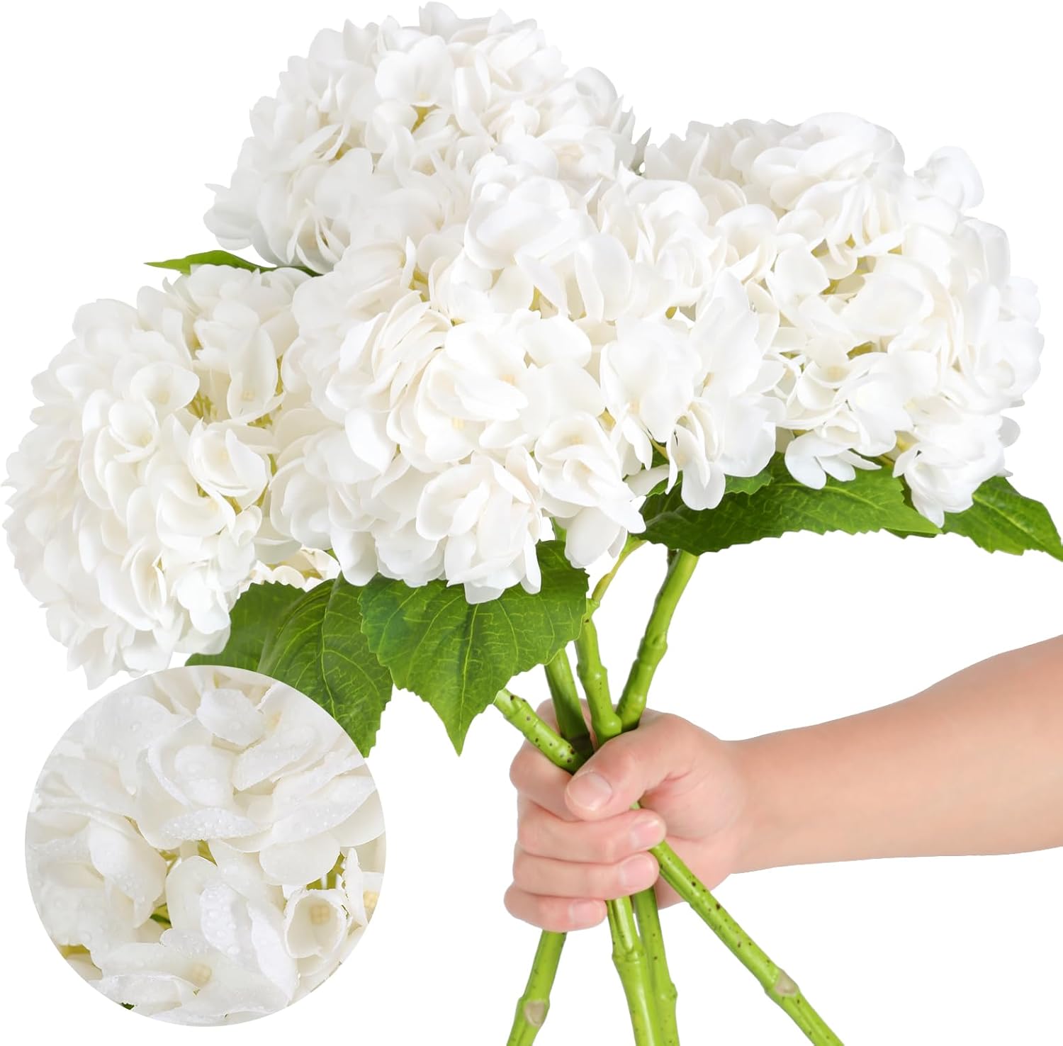 Nubry 3Pcs White Hydrangea Artificial Flowers, 22.5In Latex Faux Real Touch Large Hydrangea Flowers with Long Stems & Leaves for Home Office Decor Wedding Party Arrangements(White)