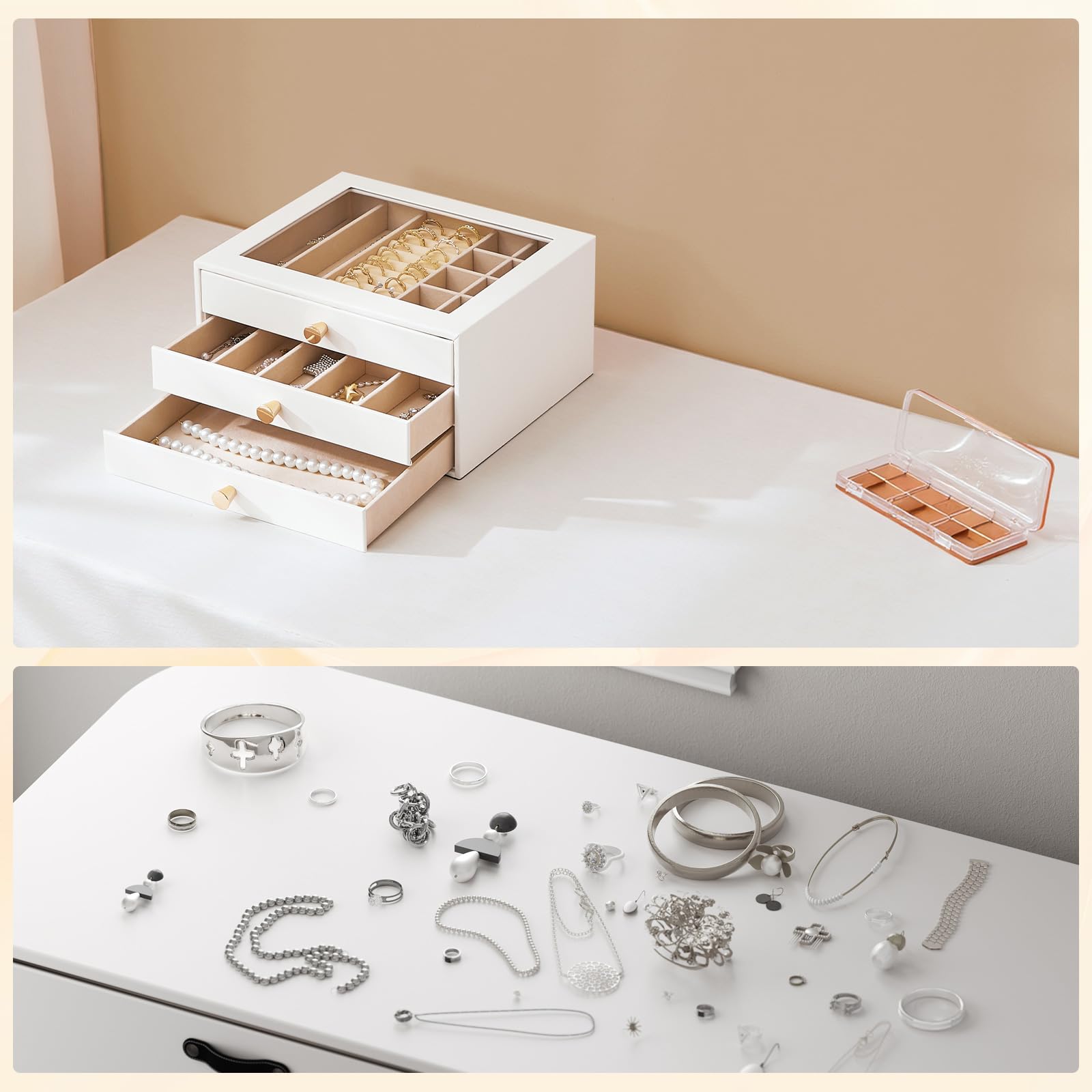 HOOBRO Sieradendoos met spiegel, reissieradenorganizer met glazen venster, verticale opslag, kerstcadeau, cadeau voor geliefden, voor oorbellen, ringen, kettingen, armbanden, zwart EBK03JB04G2