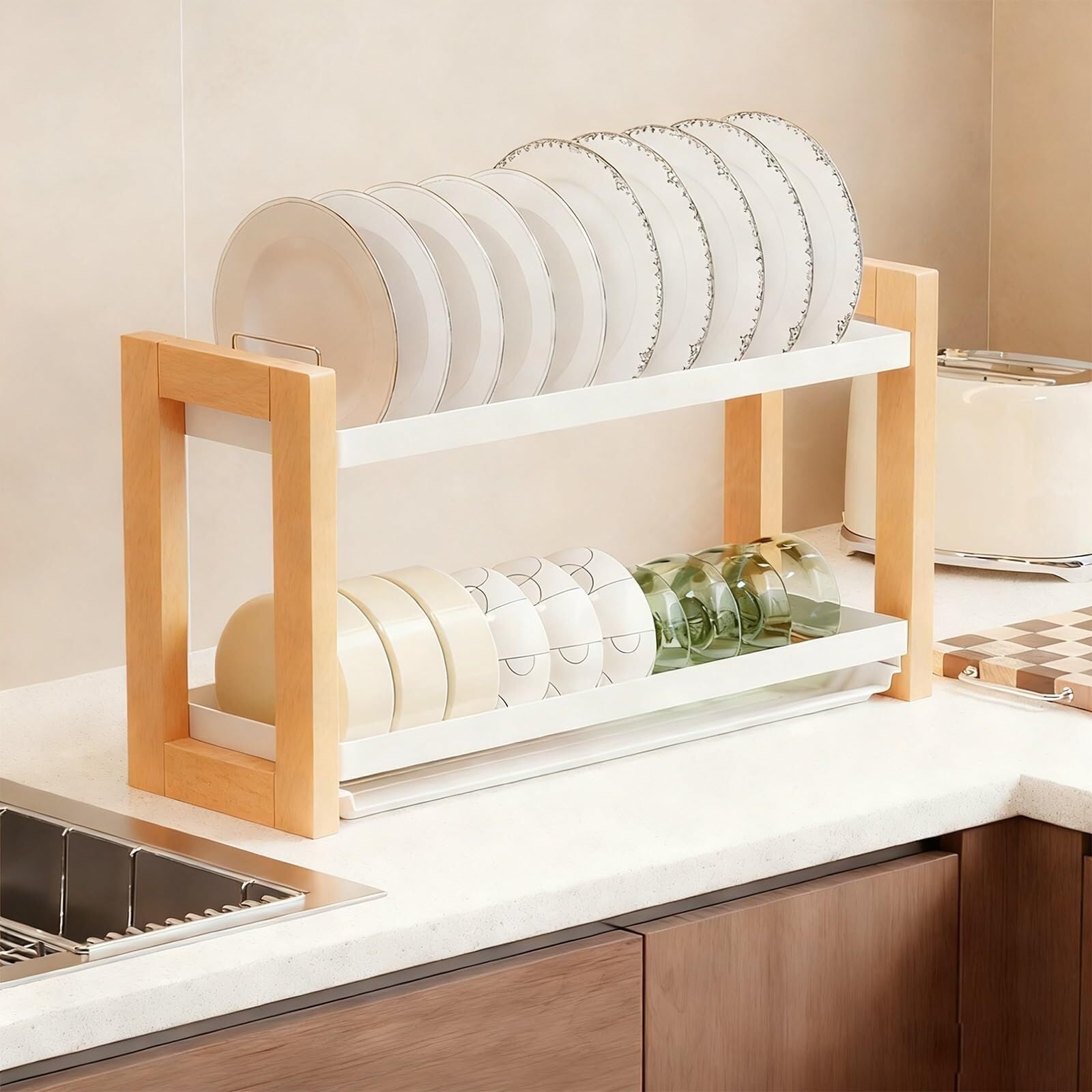 WLH Alexanders Dish Rack wood 2-Tier Collapsible Drainer Dish Drying Rack with Utensils Flatware Holder Set for Kitchen dish rack(Beechwood)