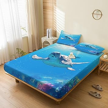 Sea Turtle Sheets Full Sheet Set, Blue Ocean Underwater Bed Sheets, Marine Life Bedding Bedroom Decor, Soft Microfiber Deep Pocket Fitted Sheet & Flat Sheet & 2 Pillowcases