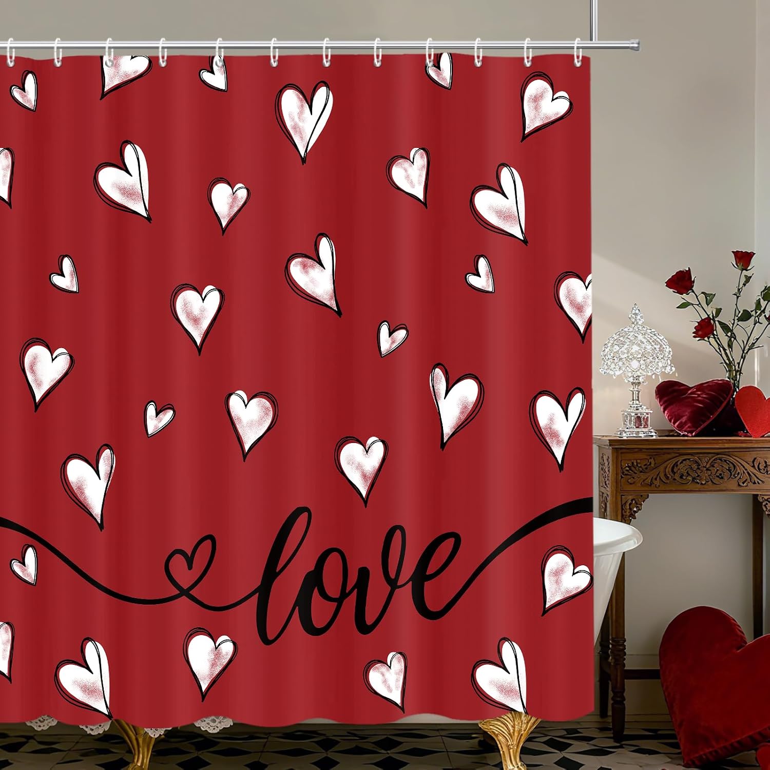 MEHOFOND Valentine's Day Shower Curtain Sets 4 Pcs with Shower Curtain,Non-Slip Rugs,Toilet Lid Cover, Bath Mat and 12 Hooks Red Heart Valentines Day Home Decor Valentine's Day Theme Bath Curtain Set