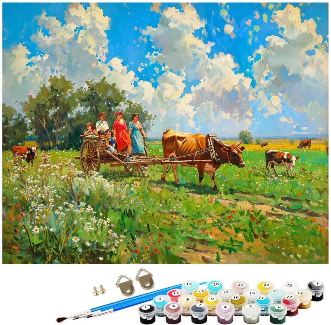 Malen Nach Zahlen Erwachsene Kit, Malen Nach Zahlen Bauernhof Kuh Anfänger DIY Paint by Numbers mit Pinseln und Acrylfarben, DIY Ölgemälde Leinwand Basteln Home Wall Deco (Ohne Rahmen) 80x100cm WK-175