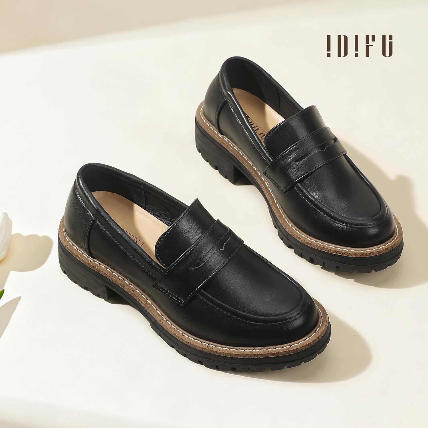 IDIFU IN2 Womens Platform Loafers Chunky Penny Heeled Loafer Lug Sole Slip On Closed Toe Dress Shoes for Women Dressy Comfortable Work Office Business Casual Loafers Shoes - Image 6