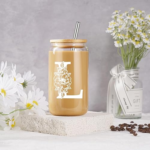 Miniatura 46 de Coolife Vaso de vidrio con inicial, regalos con monograma para mujer, tazas de vidrio de 16 onzas con tapas y pajitas, vaso de cerveza para batido