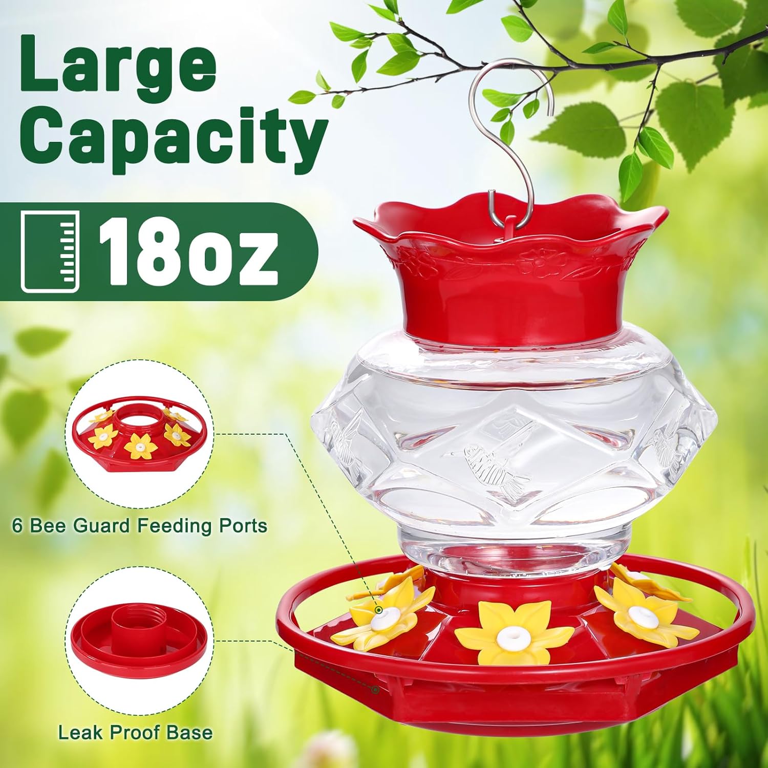 Hummingbird Feeders for Outdoors Hanging Ant and Bee Proof, 18OZ Diamond Humming Bird Feeders for Outside Circular Perch with Leak Proof & 6 Feeding Ports, Gifts for Women,1 Pack Plastic - Image 2