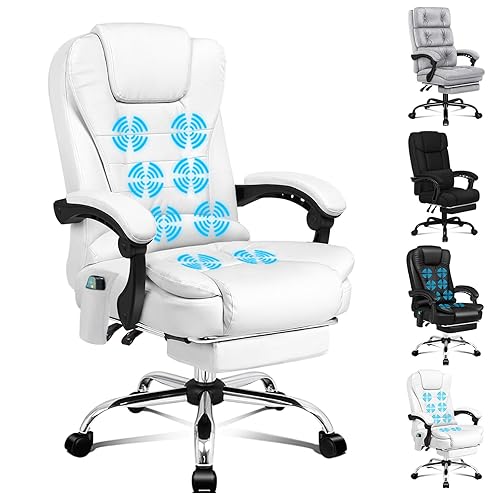 ALFORDSON Silla de Oficina Ejecutiva, Silla de Oficina de Masaje con Respaldo de Palanca, Silla de Escritorio Ergonómica con Gran Acolchado, Sillón, Silla Giratoria, Cuero PU, Blanco