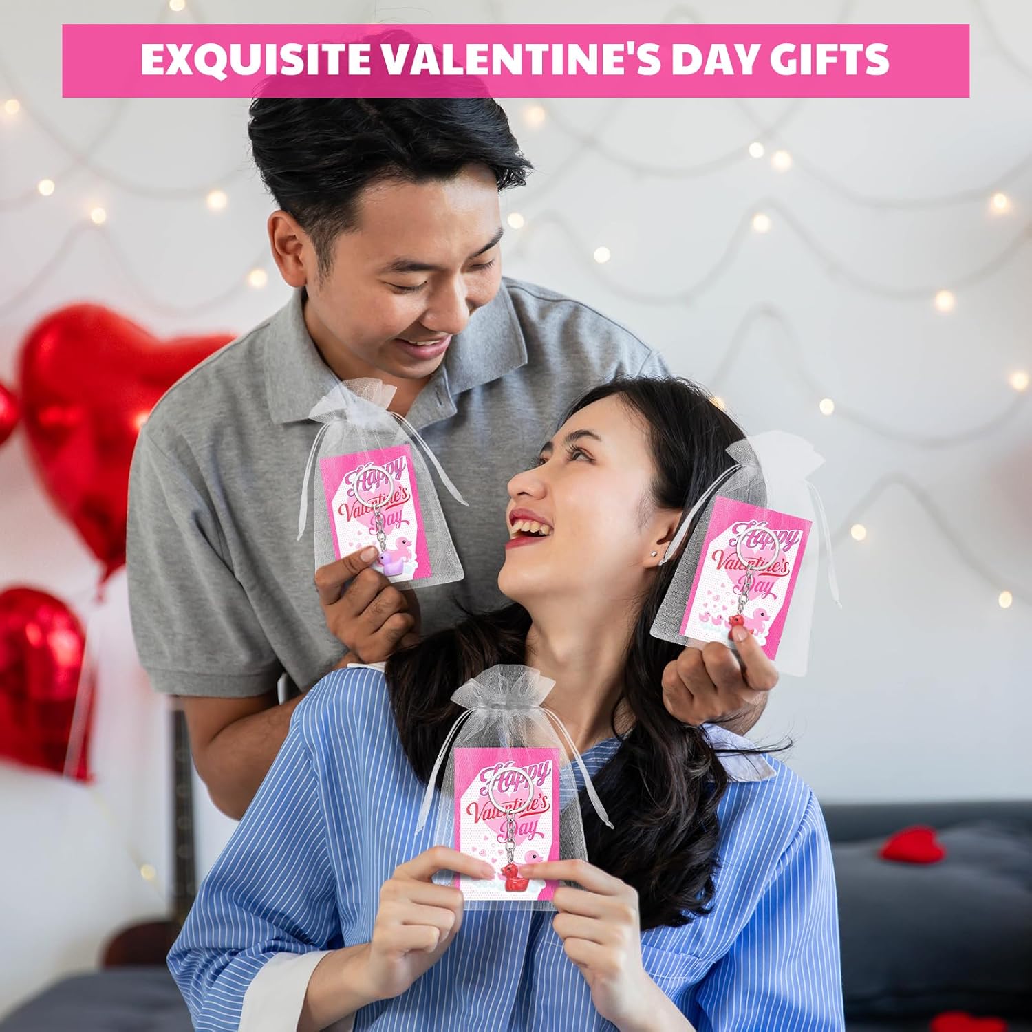 Cunno 240 Pcs Valentine's Day Mini Duck Gift Set Includes Cute Resin Ducks Keychains with Cards and Organza Bag Funny Valentines Exchange Gift Party Decor for Adults Lovers Friend and Family