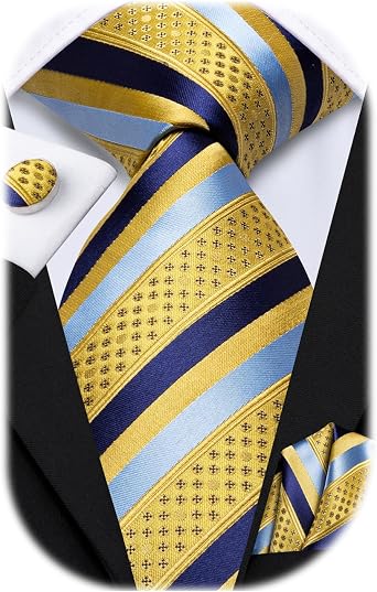 Hi-Tie Mens Plaid Ties Classic Paisley Necktie with Handkerchief Cufflinks Set Business Stripe Tie