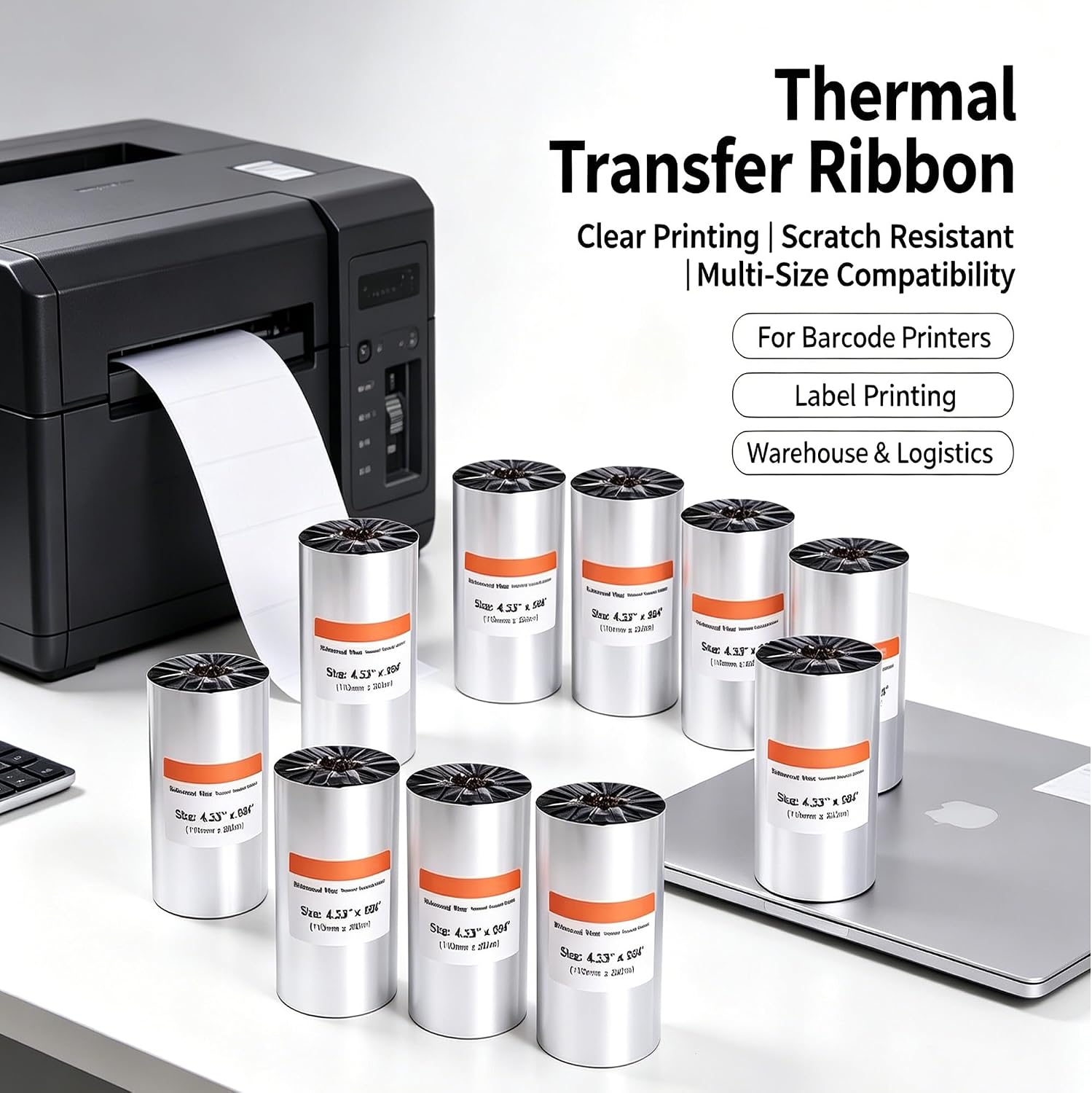 4.33" x 984' Premium Resin Enhanced Wax Ribbon110mm X 300m Thermal Transfer Wax Resin Ribbon Barcode Thermal Label Printer Ribbon 1'' Core for Zebra, TSC, GoDex, Citizen (1 Roll)