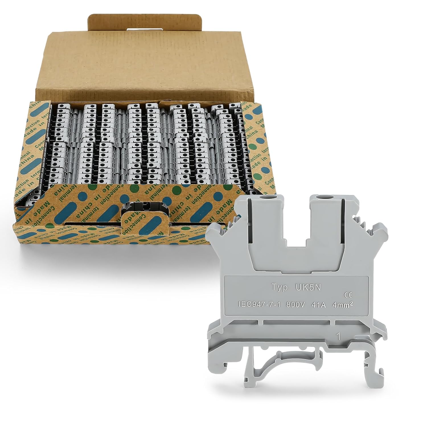 100pcs UK-5N Din Rail Terminal Blocks Wire Ground Application for 800V 24-10AWG 4mm Electrical Distribution Box Connector Screw Solar Power System Project PLC Industrial Control Automation DIY CNC RV