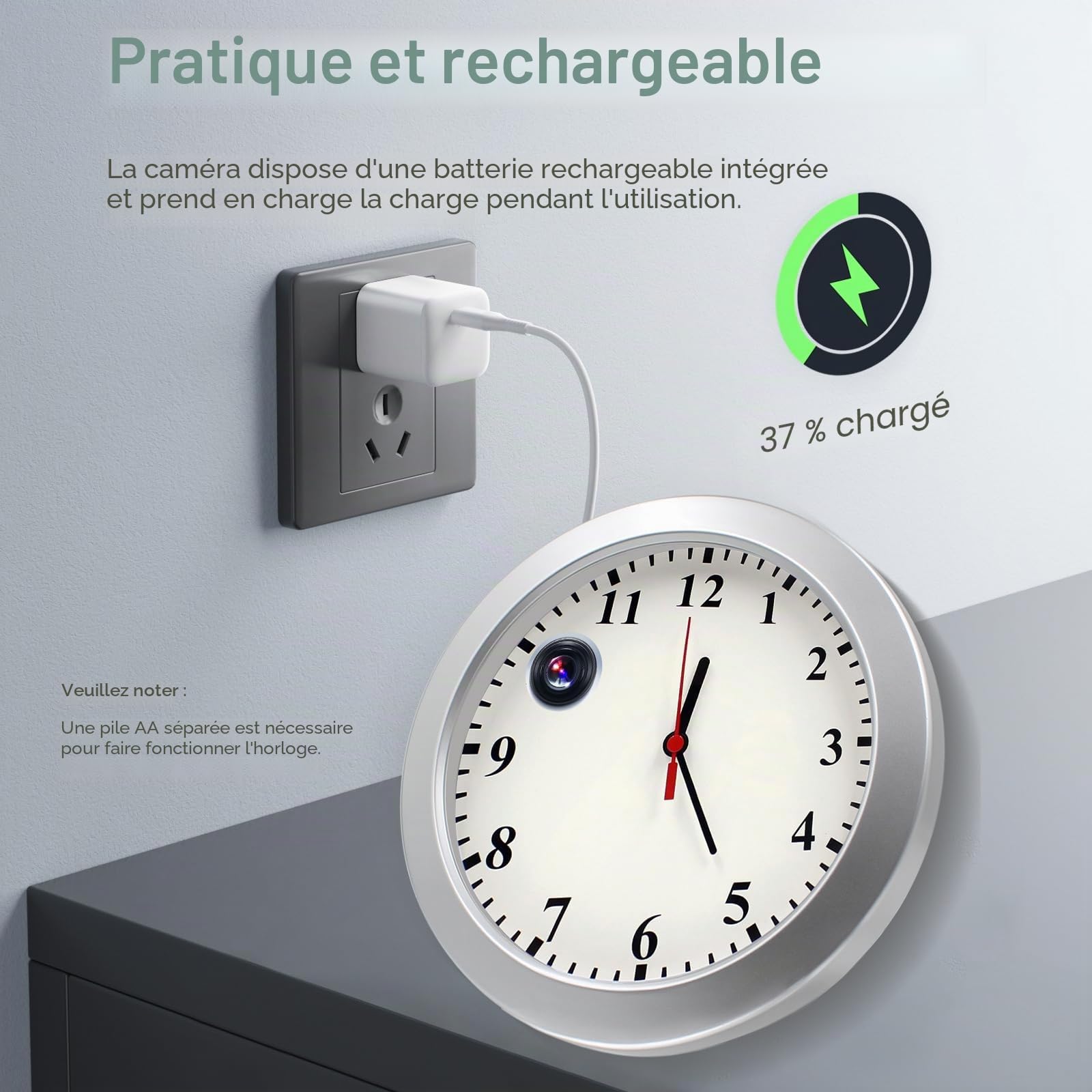 Caméra espion horloge 1080P HD Enregistreur vidéo avec détection de mouvement Enregistrement en boucle Caméra de sécurité intérieure Mini caméra cachée pour la maison, sans fonction WiFi