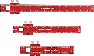 Woodworking Ruler 3PCS Precision Pocket Ruler with Slide Stops T Ruler for Woodworking 6 8 12 Inch Metal T Track Rule Inch Metric Marking Wood Working Edge Scribing Rulers Measuring Tools, Red