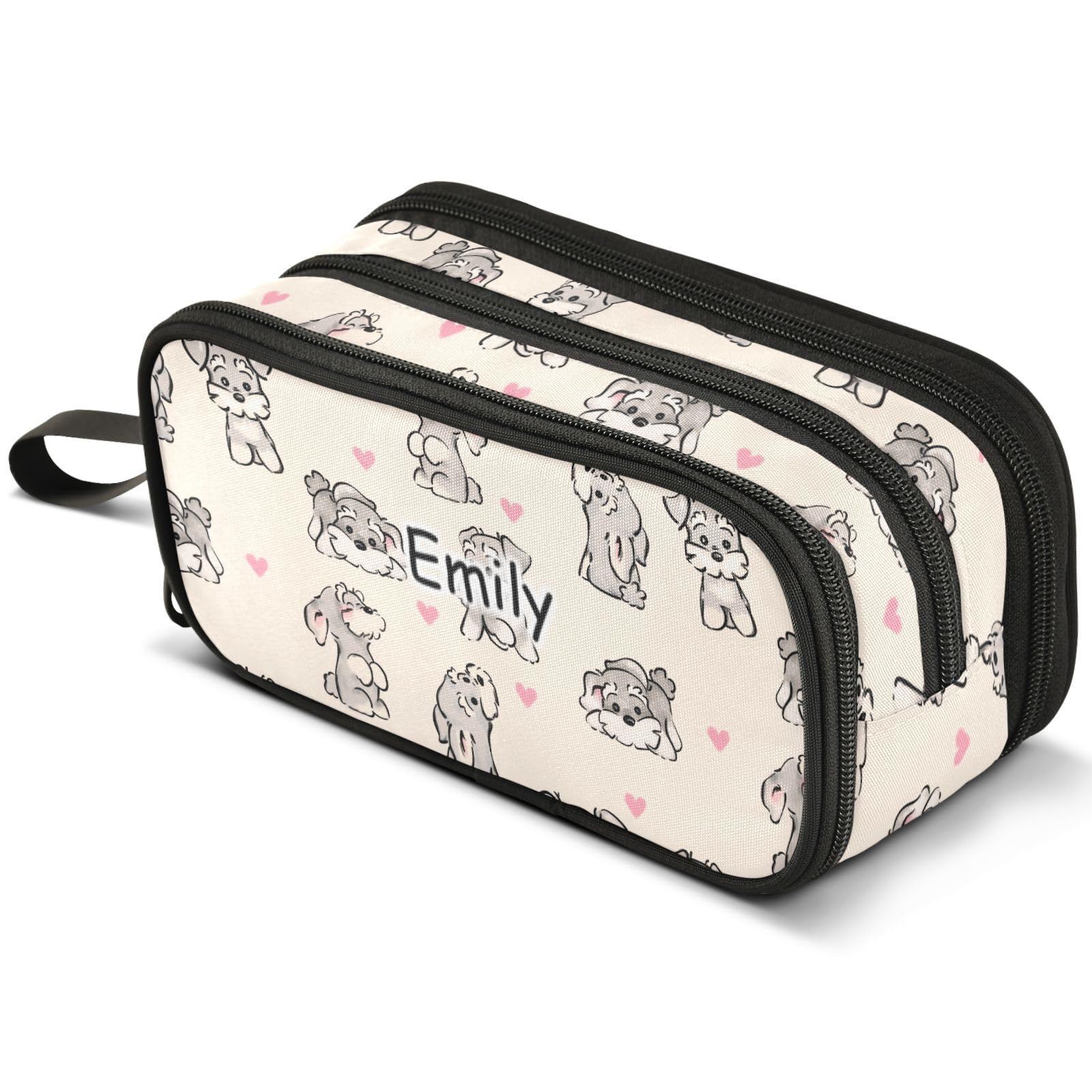 Mnsruu Personalized Pencil Case with Name Schnauzer Pencil Case Large Capacity Pen Pouch Pencil Bag with 3 Compartments Pen Holder Organizer Stationery Bag