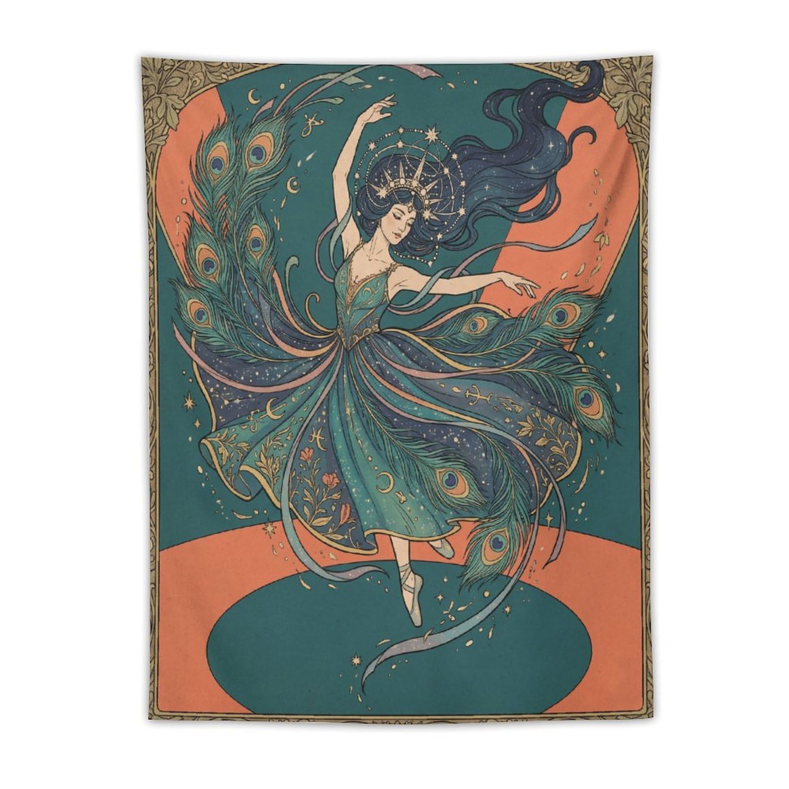 W7C8U2X3 Peacock Dancer Art Nouveau Wall Tapestry, Theater Garden