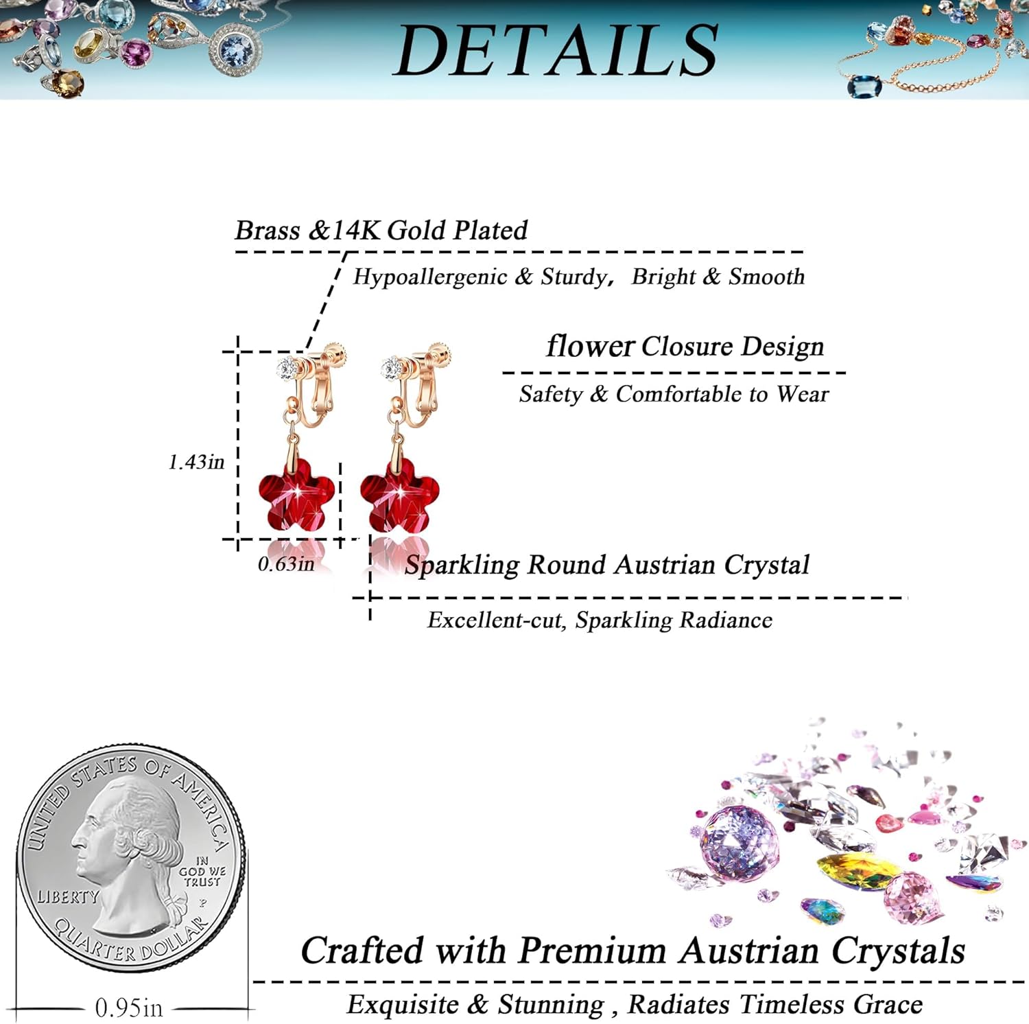 Austrian Crystal Flower Drop Clip On Earrings for Women Non Pierced 14K Rose Gold Plated Hypoallergenic Dangle Earring Jewelry - Image 4
